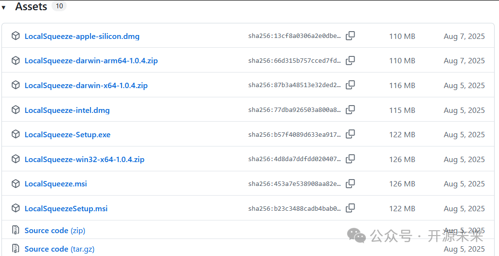 GitHub Release 资产列表，包含 dmg、exe、msi 及源码等安装包