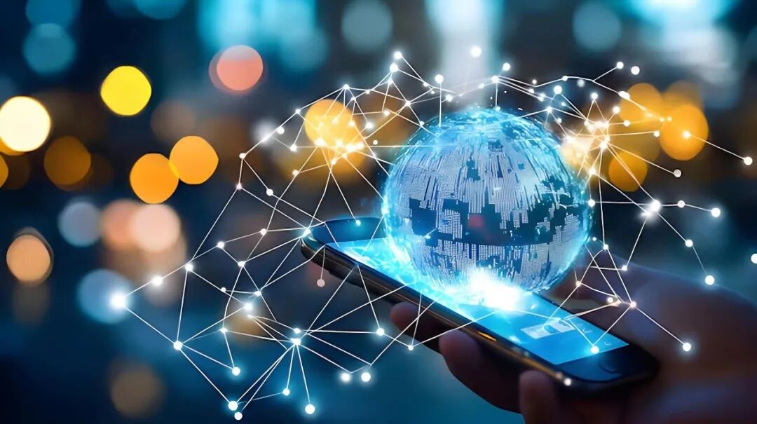 手握手机显示全球互联网络的概念图