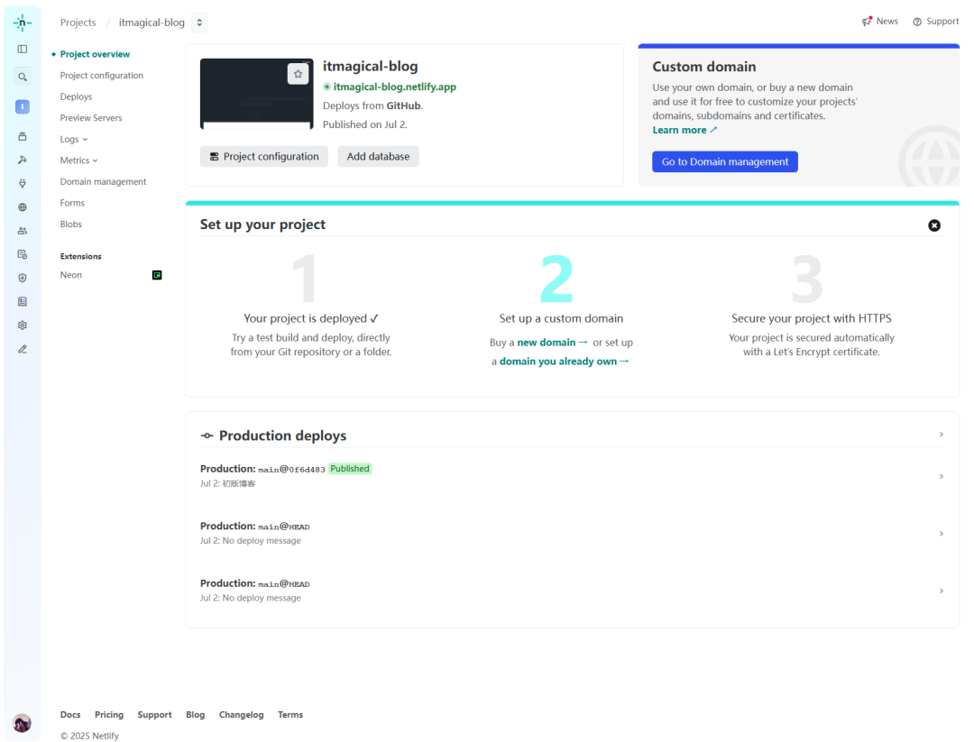 Netlify项目部署成功概览页截图