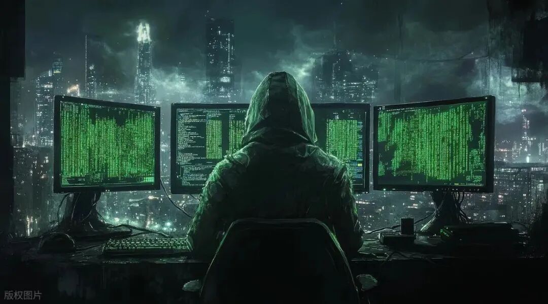 神秘黑客在电脑前的背影图，营造紧张氛围