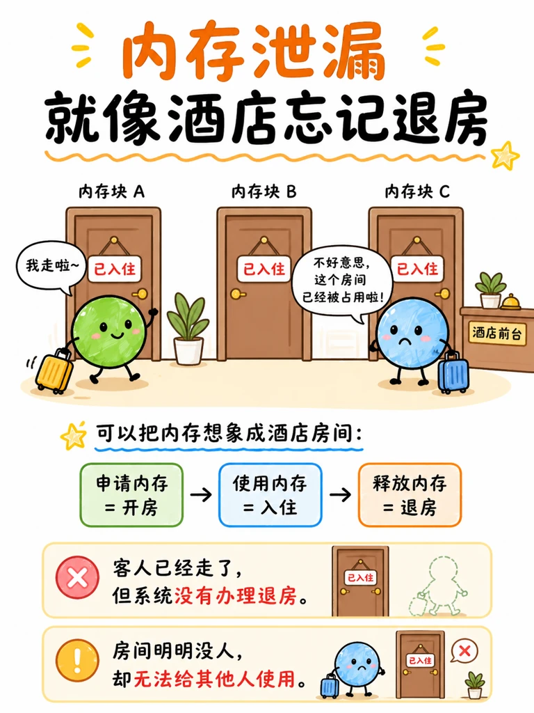 内存泄漏类比酒店退房:申请内存=开房,使用内存=入住,释放内存=退房