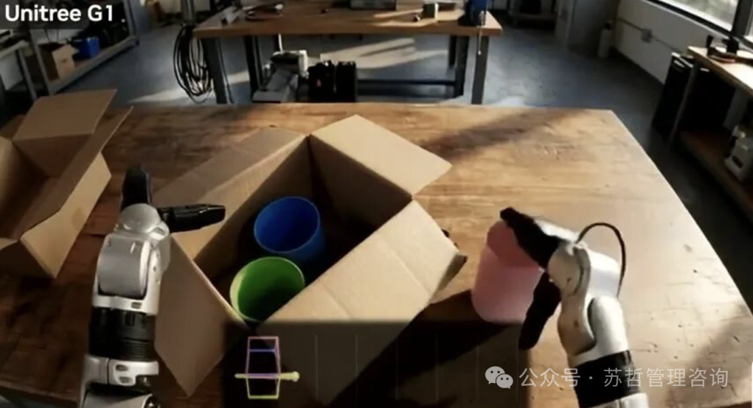 Unitree G1 与双机械臂在室内工作台前进行物体抓取与搬运实验