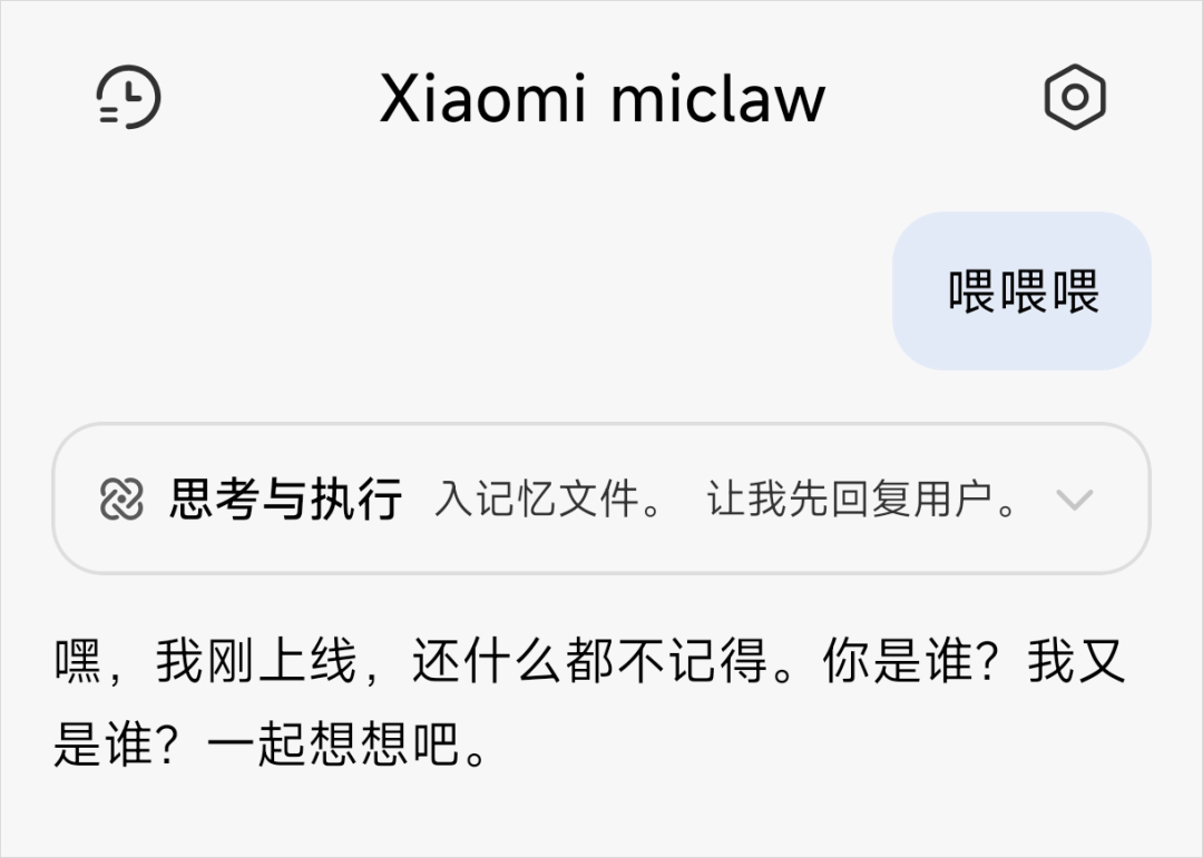 Xiaomi miclaw首次对话界面，AI询问身份