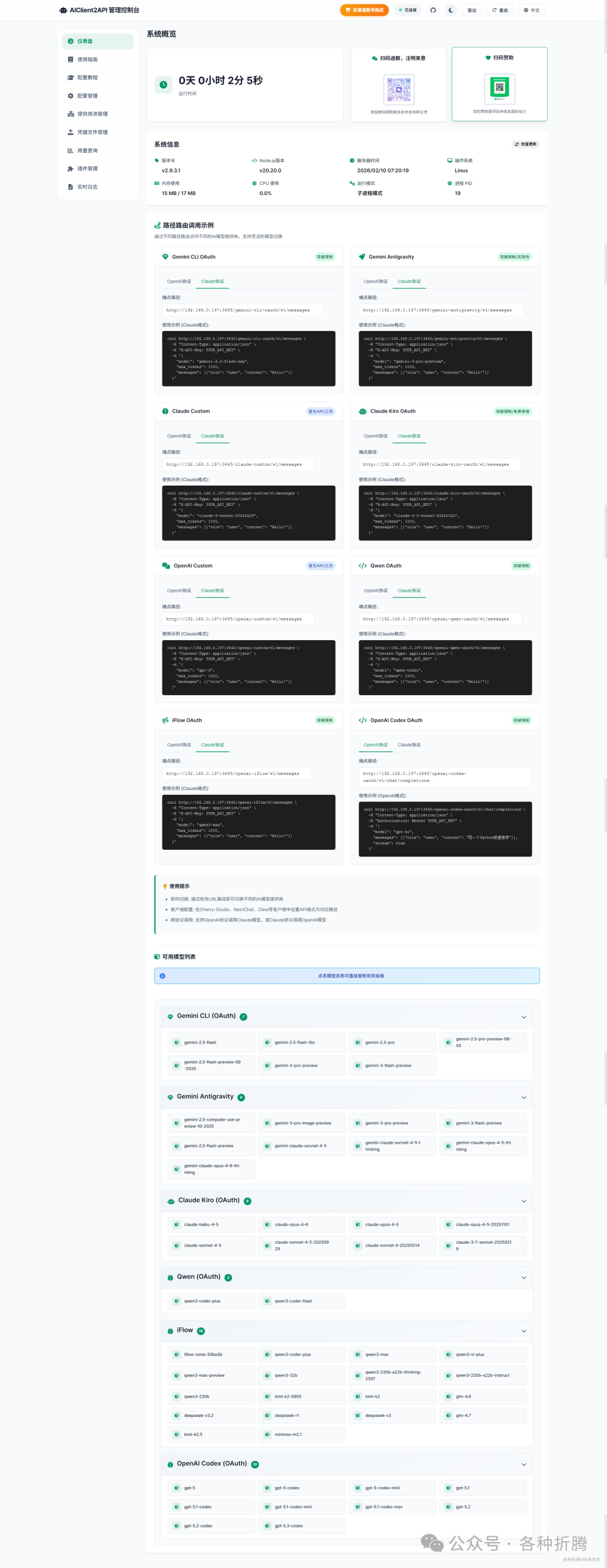 AIClient2API登录成功后的主界面