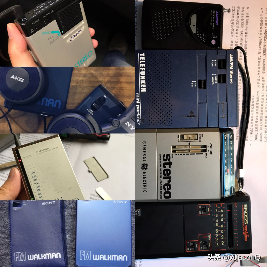 多款复古音频设备合影，包括AKG耳机、索尼Walkman等