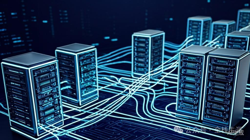 描绘数据中心与网络连接的深蓝色科技风格场景图