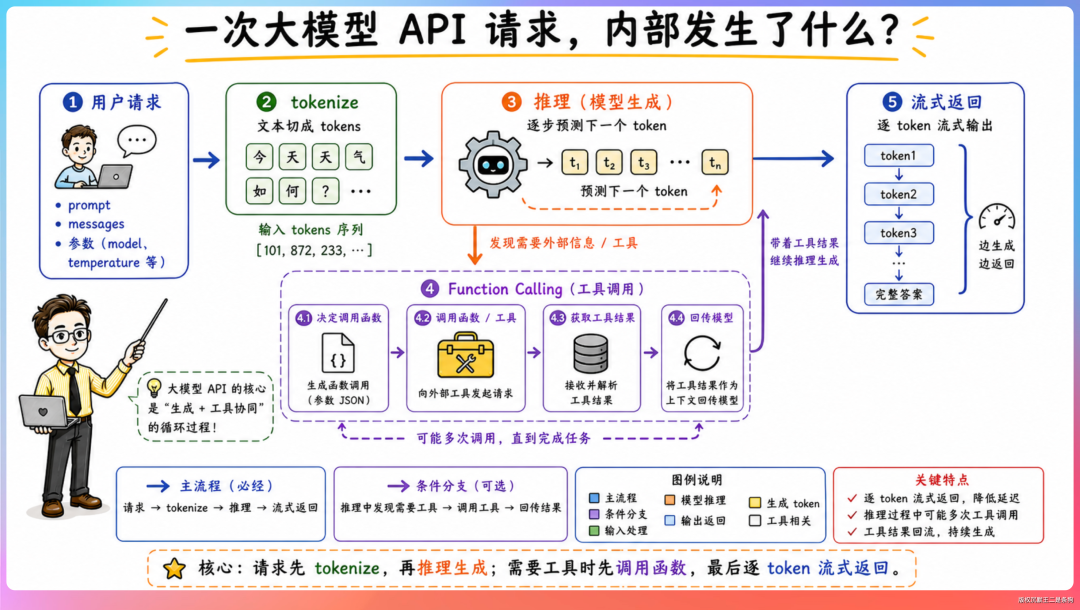 一张关于大模型API请求内部流程的科普图示，采用彩色分块布局，展示从用户请求到tokenize、推理、Function Calling到流式返回的完整流程
