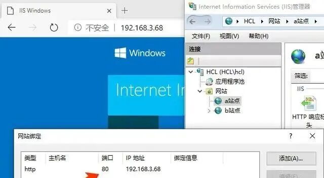 IIS网站绑定窗口，红色箭头指向端口80，演示同一端口可绑定多个站点