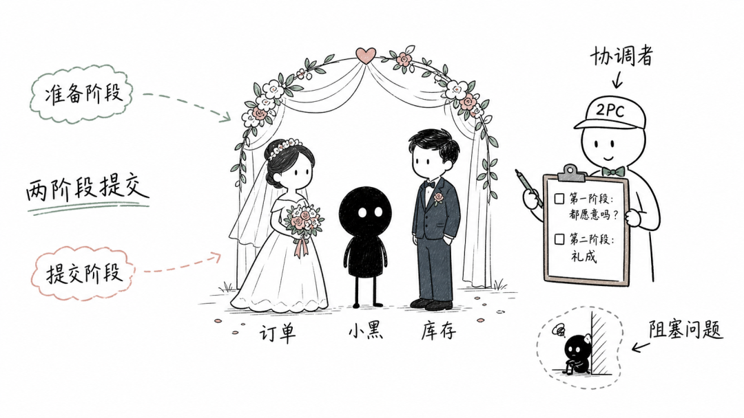 两阶段提交(2PC)的婚礼比喻示意图