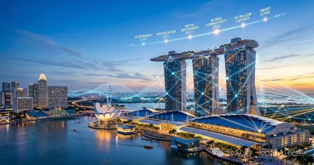 新加坡滨海湾夜景叠加6G技术演进路径:从2025年6G研究、2026年规范制定、2030+初始部署到2035全球互联、超低时延与智慧城市。