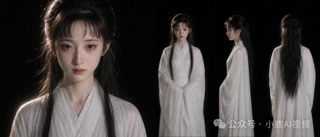 古风白衣女子人物设定图:面部特写与正面侧面背面三视图