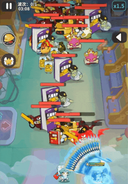 游戏战斗场景,展示扇形技能特效与清屏效果