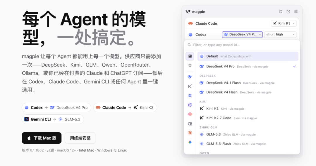 Magpie软件界面截图:多Agent模型管理面板