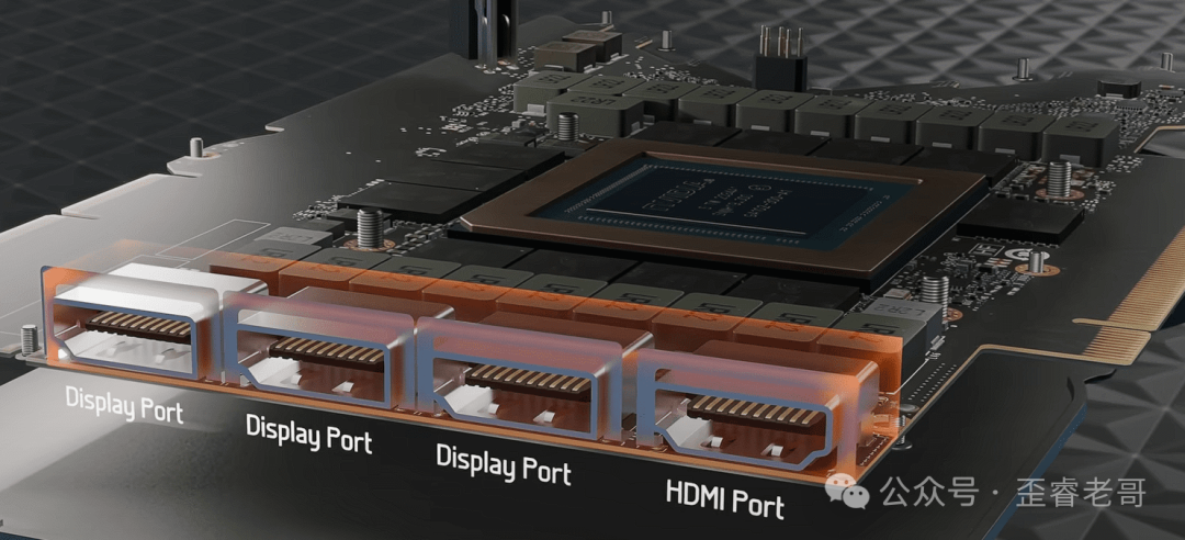 GPU PCB边缘特写，展示3个DisplayPort和1个HDMI接口