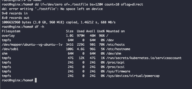 在设置了配额的容器内进行磁盘写入测试