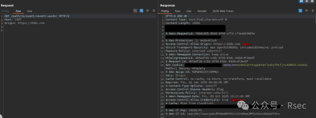 Burp Suite中显示CORS配置错误的HTTP响应头截图