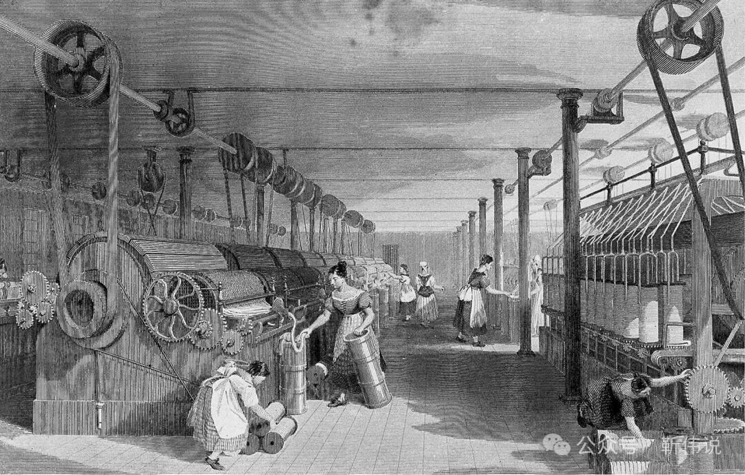描绘工业革命时期纺织工厂的黑白版画