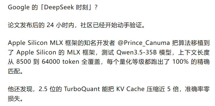 社区开发者对TurboQuant的测试结果描述截图