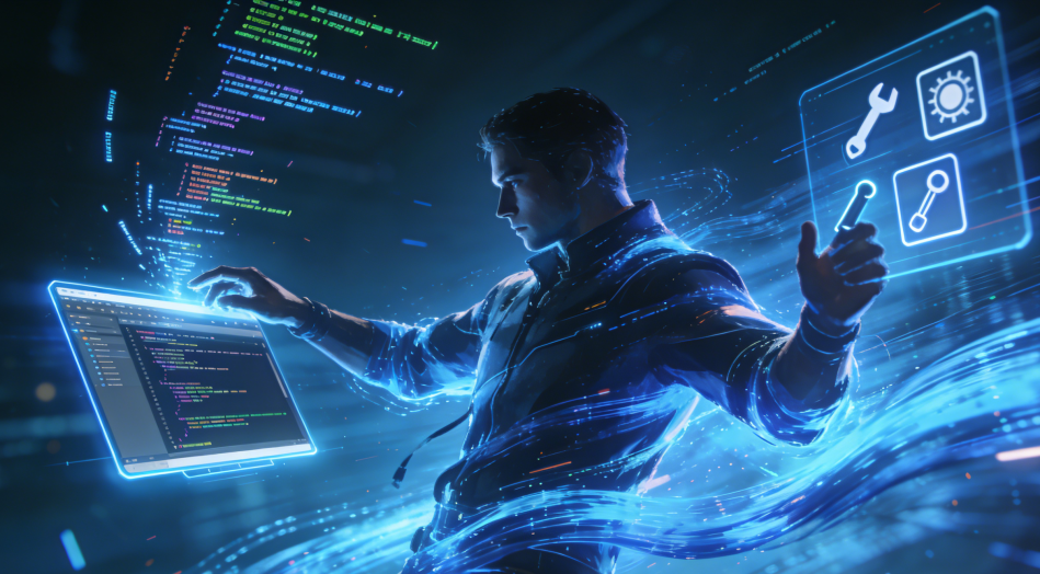 开发者在未来科技环境中操作电脑概念图