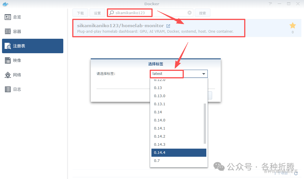 Docker 注册表界面,演示搜索并选择 sikamikaniko123/homelab-monitor 镜像和版本标签的过程