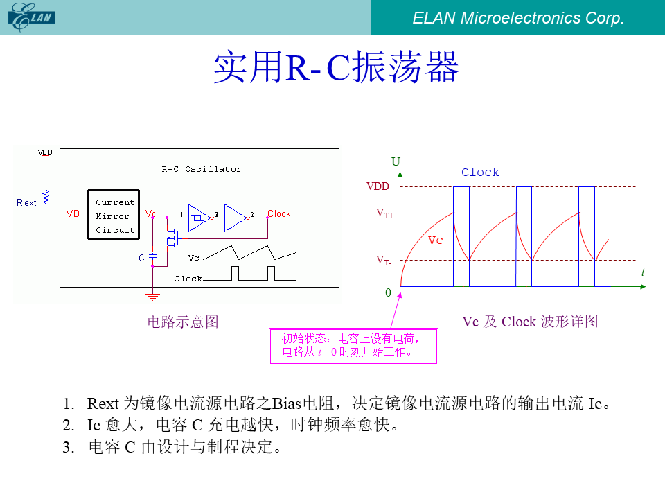 实用R-C振荡器电路示意图及Vc、Clock波形详图