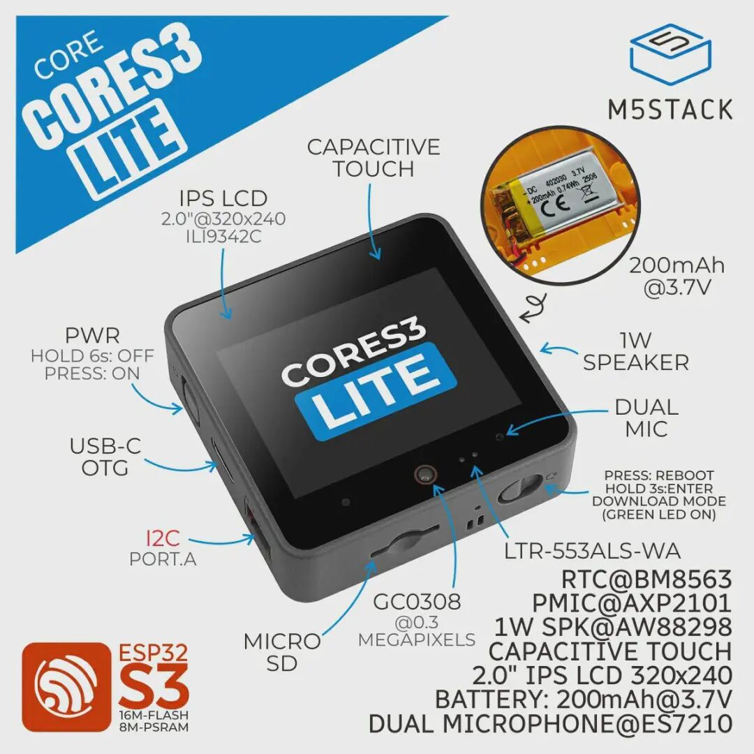 M5Stack CoreS3 Lite 开发板规格与接口标注
