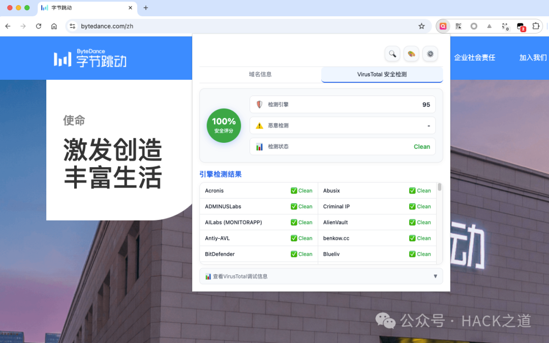 插件集成的VirusTotal安全检测结果页面截图
