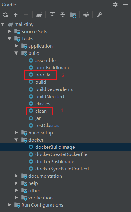 Gradle 任务列表中的 bootJar 和 clean 任务