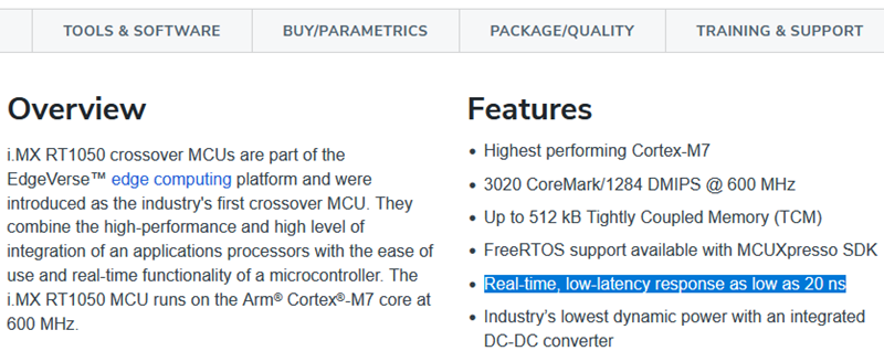 i.MX RT1050官方特性介绍，显示20ns中断延迟