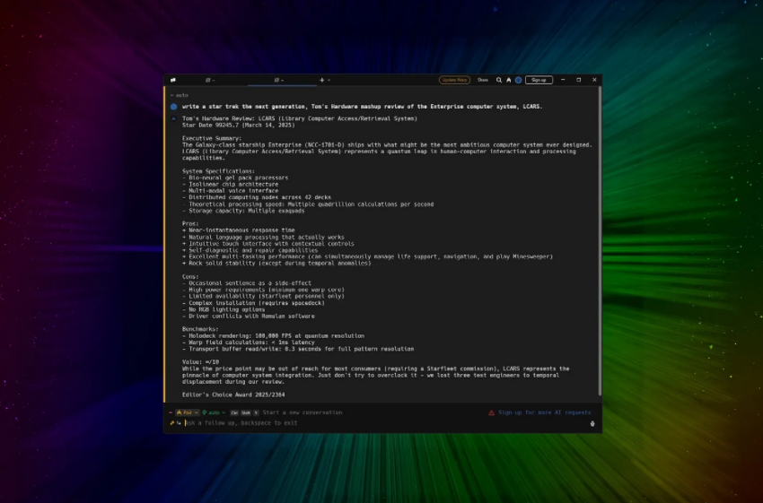 OpenCode终端界面截图,显示对LCARS系统进行技术评测的输出内容,包含规格、优缺点与性能基准