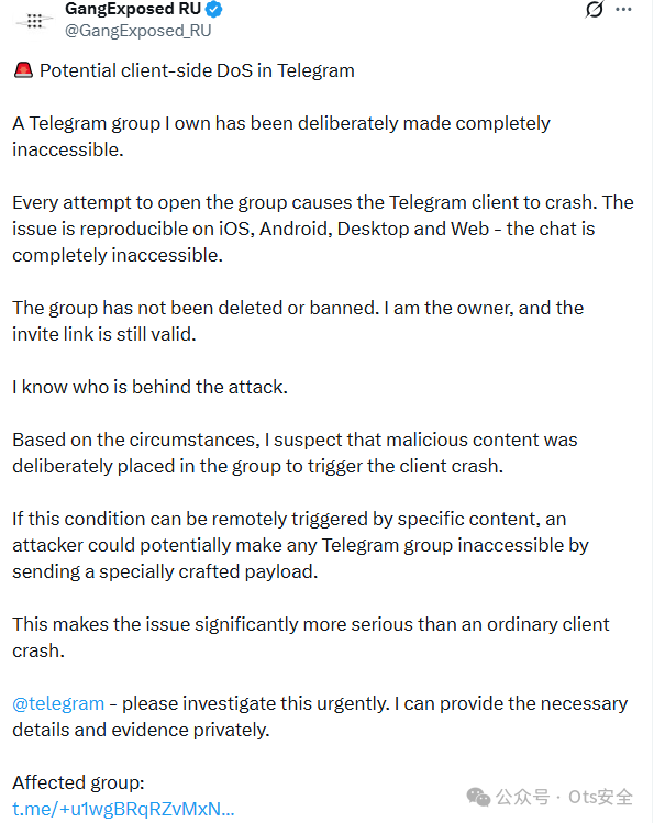 GangExposed RU推文截图:Telegram客户端DoS报告