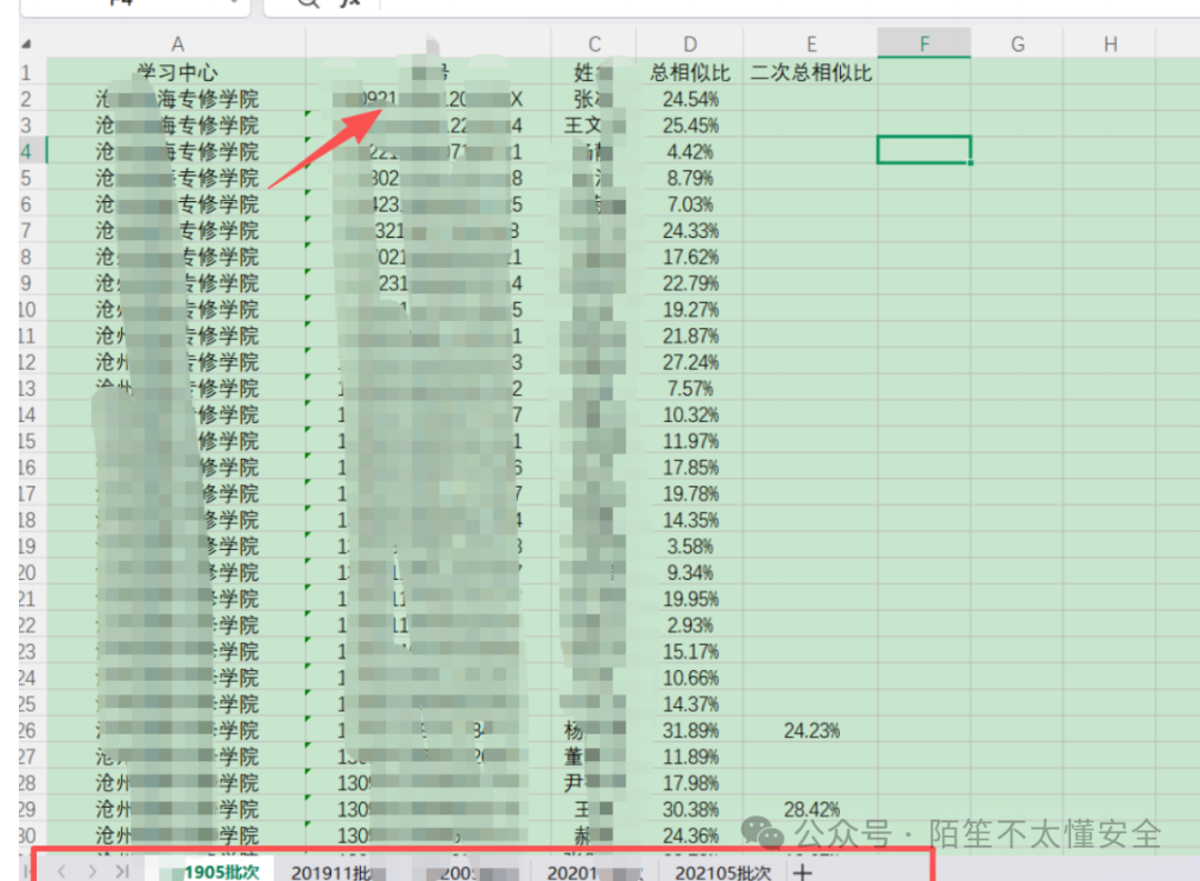 电子表格截图,显示了包含学习中心、编号、姓名、总相似比等列的数据