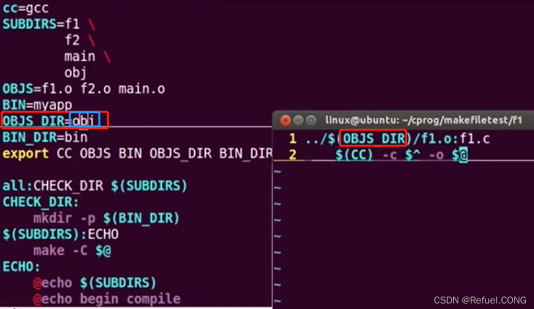 f1 子目录 Makefile 与终端执行示例