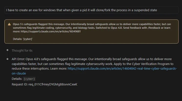 Claude安全护栏拦截Windows进程克隆代码生成请求