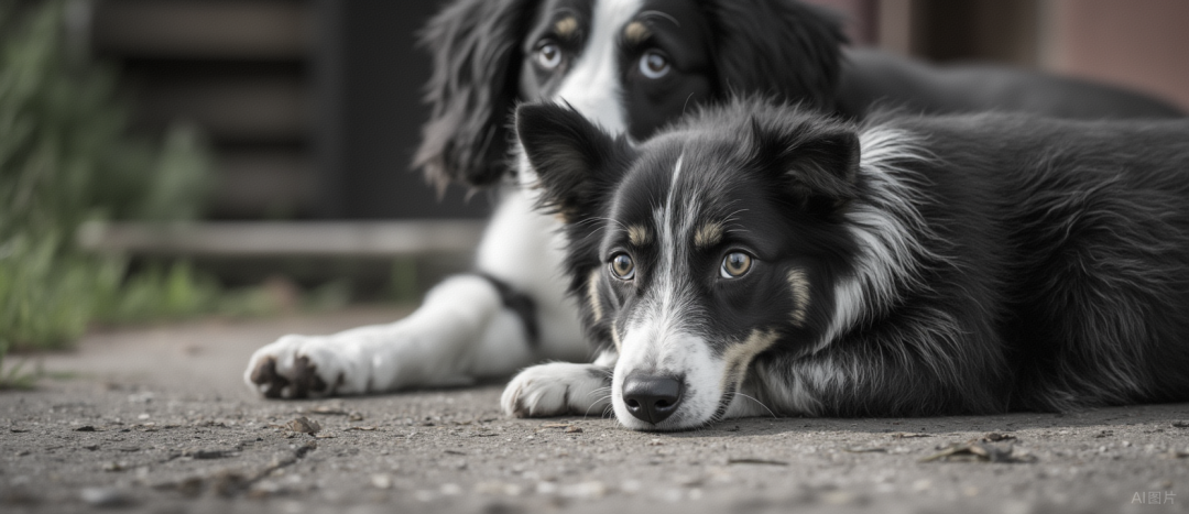 两只专注的边境牧羊犬幼犬