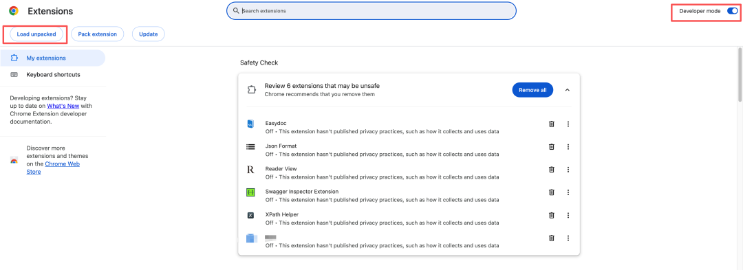 Chrome 扩展管理页面，已开启开发者模式