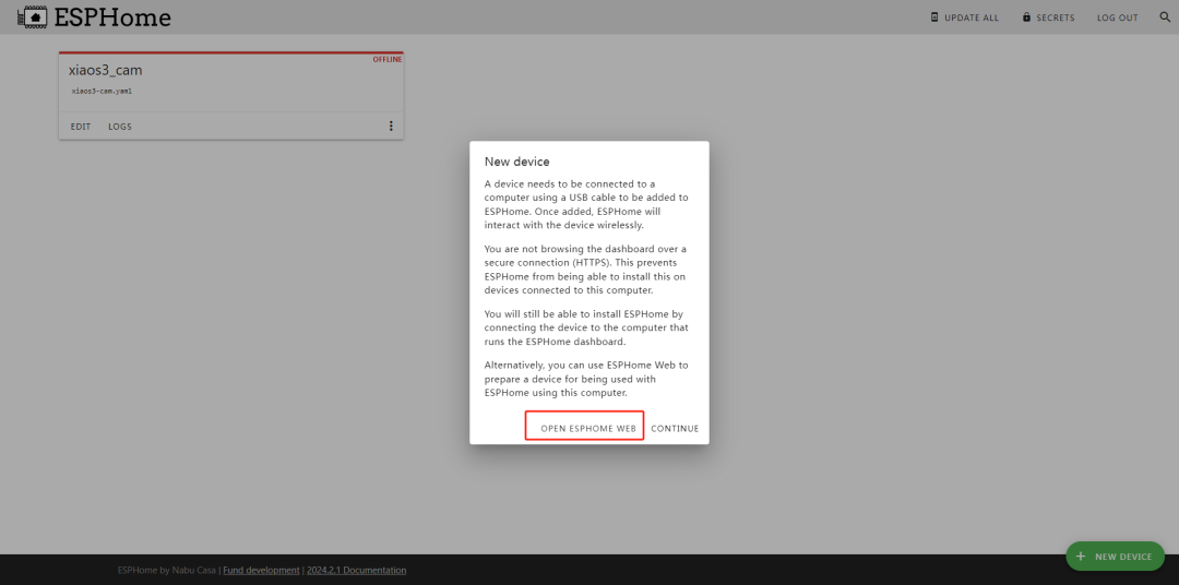 ESPHome仪表板界面，提示新设备需USB连接