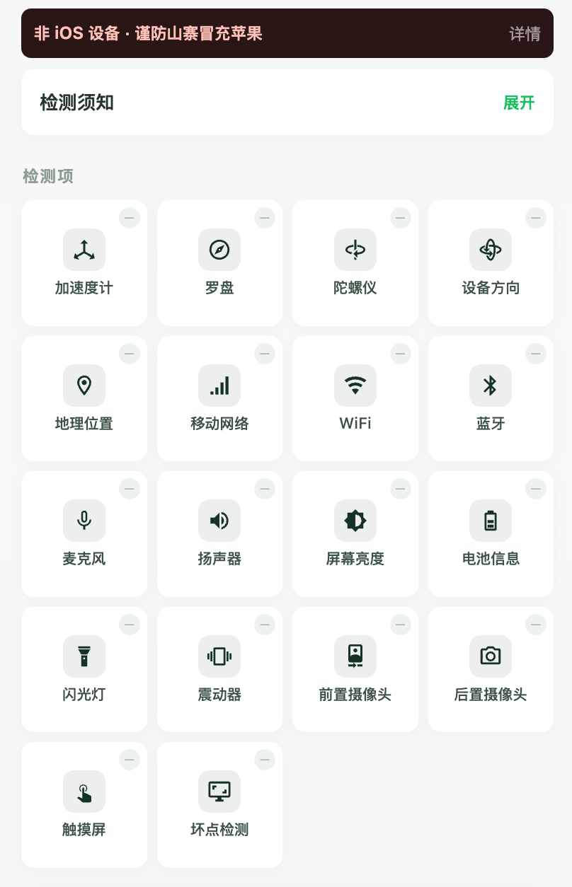 iPhone 功能检测项界面