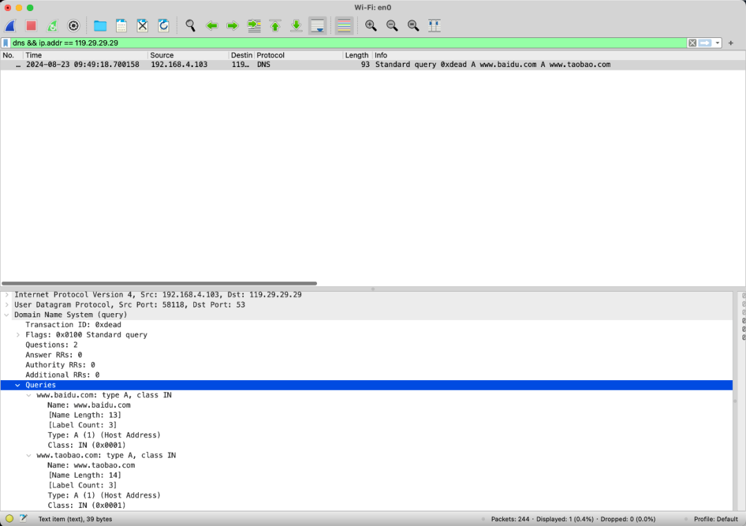 Wireshark抓包显示多域名查询未获响应