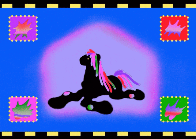 四帧抽象动画：不同形态马奔跑，背景渐变紫蓝、红紫条纹、星空圆环等