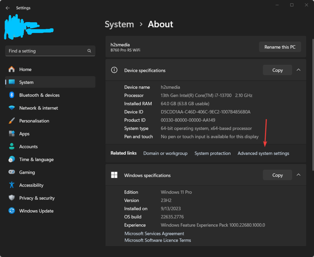 Windows 11 系统关于页面中的高级系统设置入口