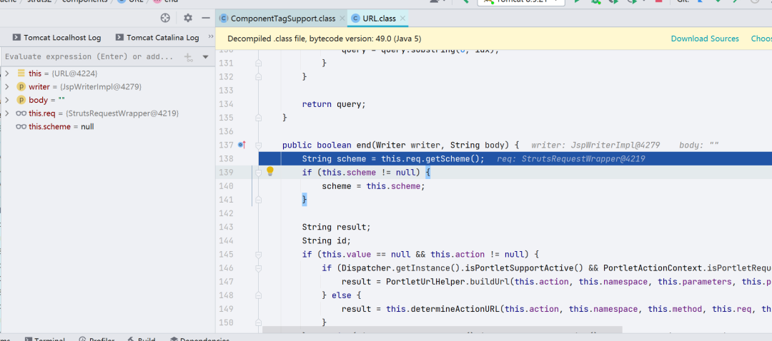 IDE代码界面截图，显示URL类的end方法入口