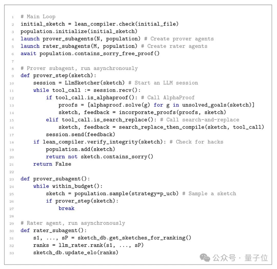 一张显示更完整Python代码的截图,包含main loop启动prover和rater子智能体、prover_subagent中的AlphaProof调用与种群采样逻辑,以及rater_subagent基于Elo评分进行排序的循环