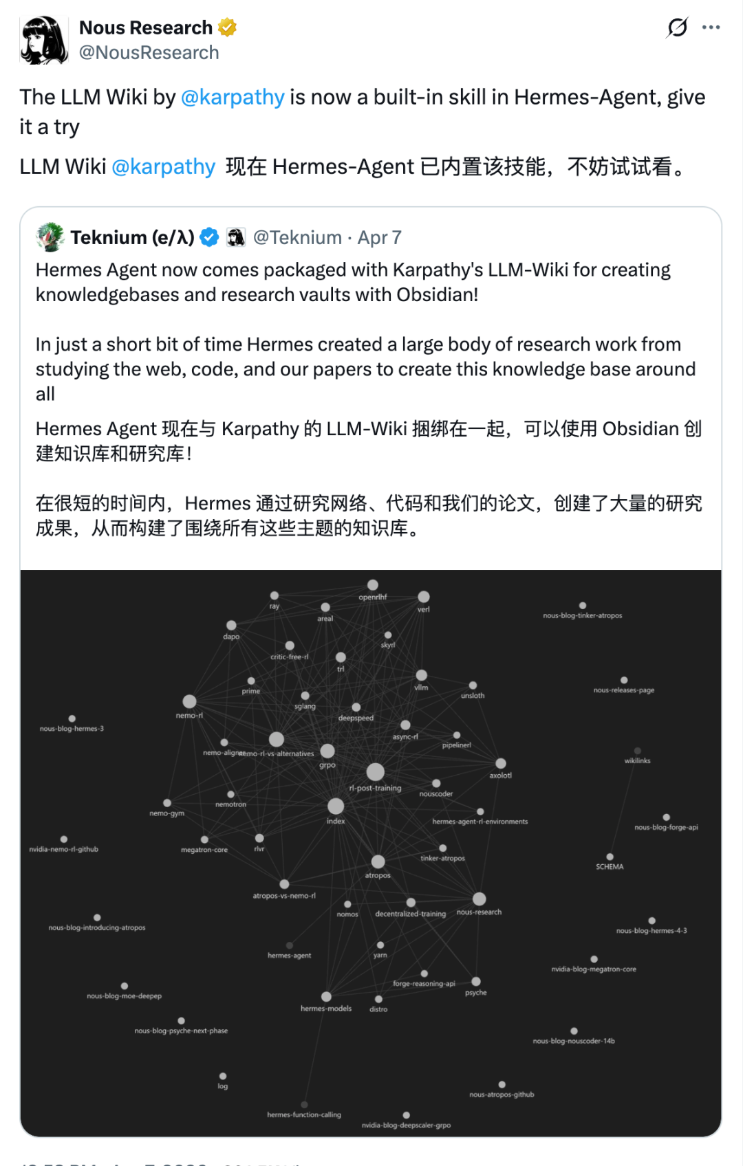 Hermes Agent 内置 LLM Wiki 技能的知识图谱示意图