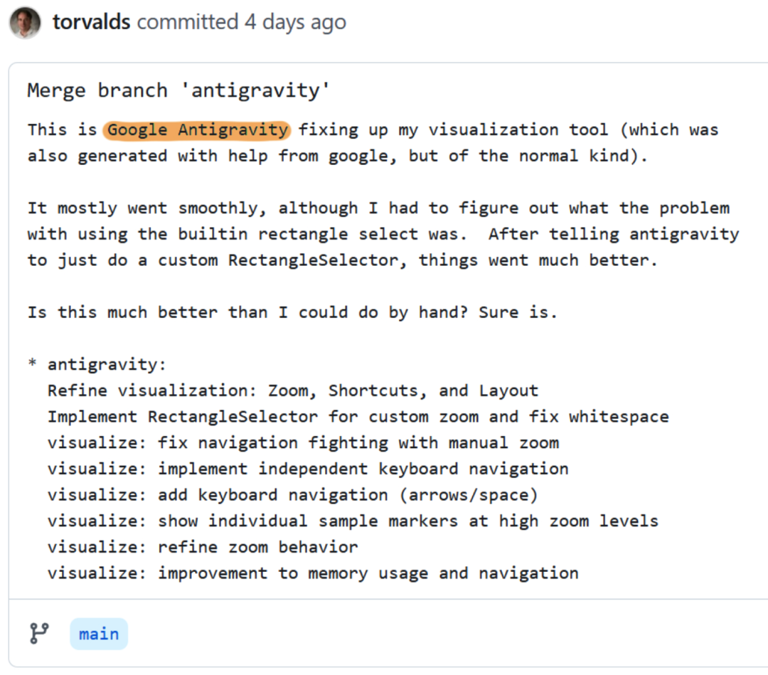 AudioNoise 项目使用 Google Antigravity 的提交记录截图