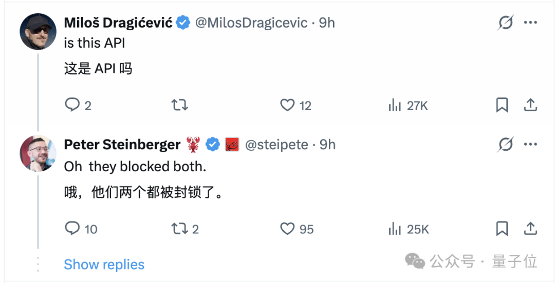 Peter Steinberger与另一位用户Miloš Dragicevic关于API也被封禁的对话截图