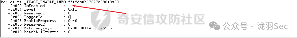 查看TRACE_ENABLE_INFO结构，IsEnabled值为1表示启用