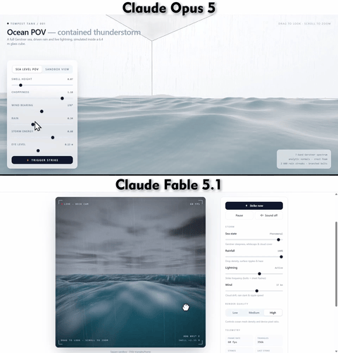 Claude Opus 5与Fable 5.1的3D海洋沙盒场景参数面板对比