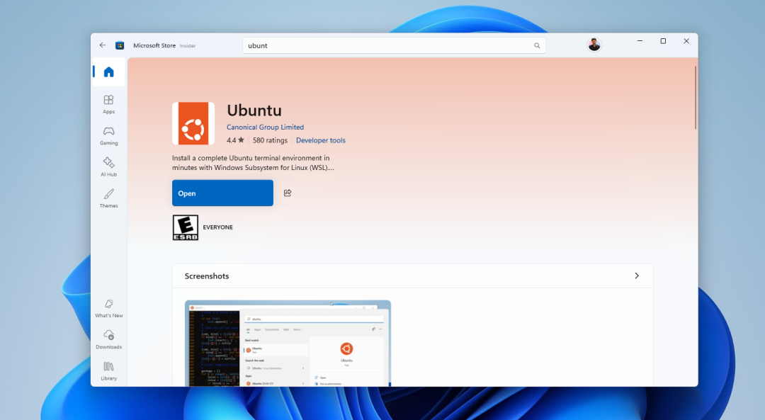 微软商店搜索Ubuntu应用详情页