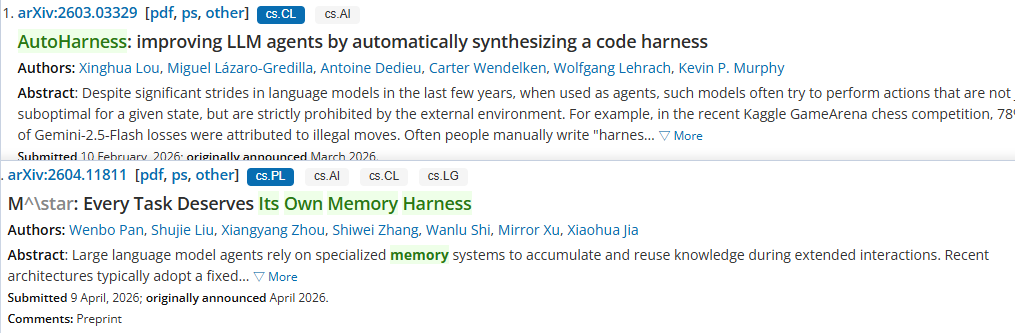 两篇Harness论文的arXiv页面：AutoHarness和M⋆